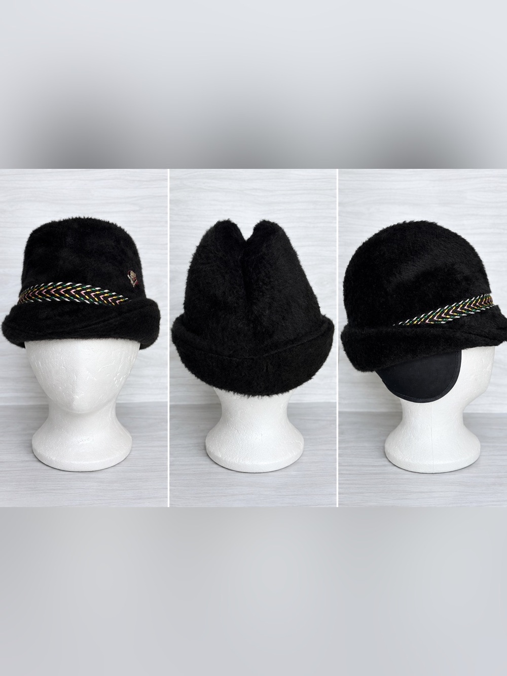 Vintage Alpine Oktoberfest Black Wool Felt Tyrolean Fedora Hat Small 6 3/4–6 7/8